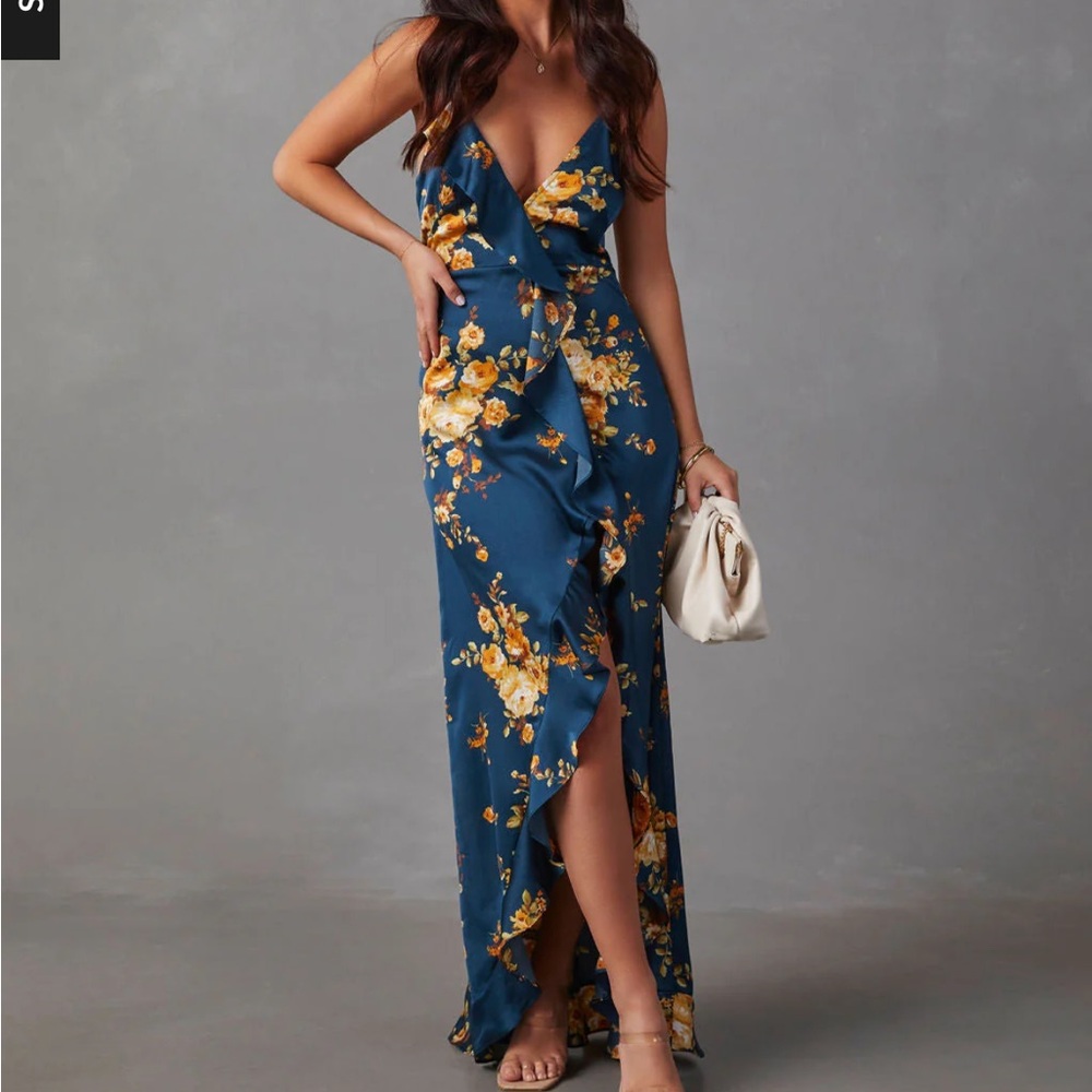 Vici Capriccio Satin Floral Ruffle Maxi Dress